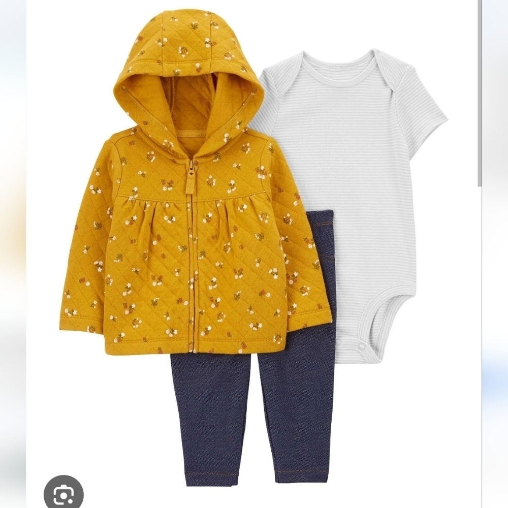 NWT Carter's 3 Pc Gold Quilted Floral Hooded Top & Pant Set ~6M